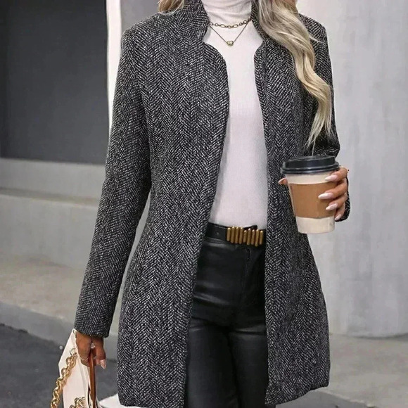 Womens Black Plaid Pattern Flap Pocket Drop Shoulder Belted Tweed Overcoat - Picture 2 of 5